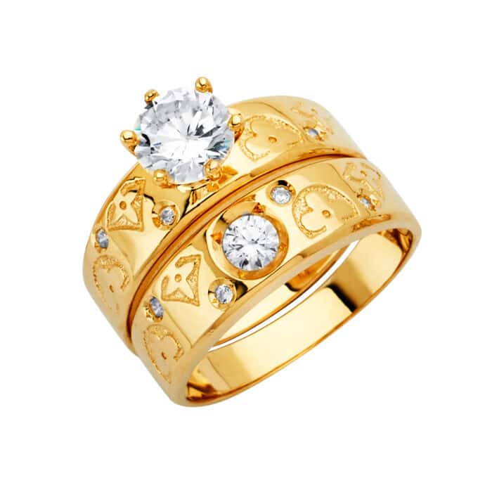 14K Yellow Gold Cubic Zirconia Engagement Ring and Wedding Band Set