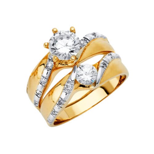 14K Yellow Gold Cubic Zirconia Engagement Ring and Wedding Band Set