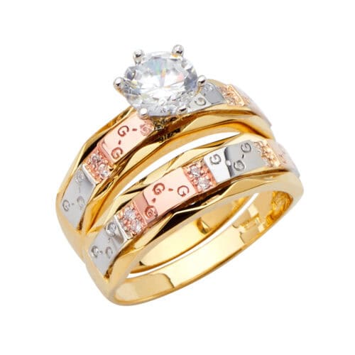 14K Tri Color Cubic Zirconia Engagement Ring and Ladies Wedding Band set