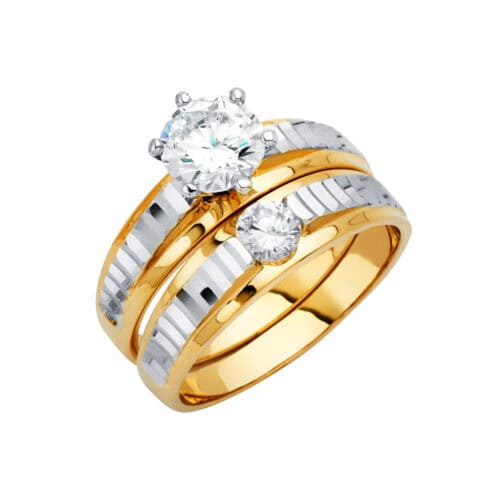 14K Yellow Gold Cubic Zirconia Engagement Ring and Wedding Band Set