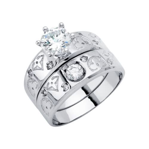 14K White Gold Cubic Zirconia Engagement Ring and Wedding Band Set