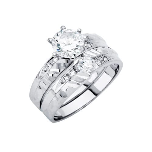 14K White Gold Cubic Zirconia Engagement Ring and Wedding Band Set