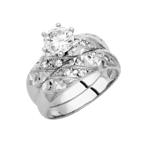 14K White Gold Cubic Zirconia Engagement Ring and Wedding Band Set
