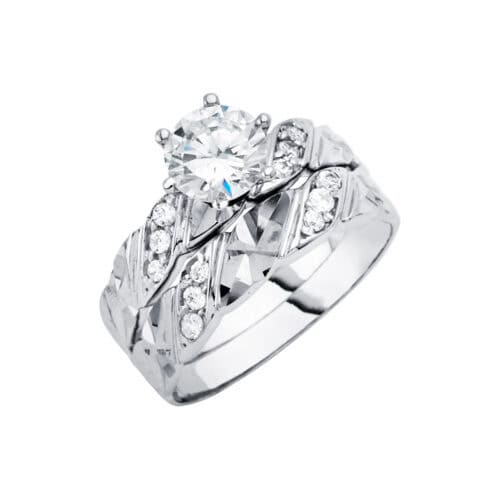 14K White Gold Cubic Zirconia Engagement Ring and Wedding Band Set