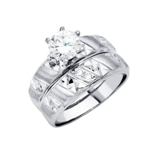 14K White Gold Cubic Zirconia Engagement Ring and Wedding Band Set