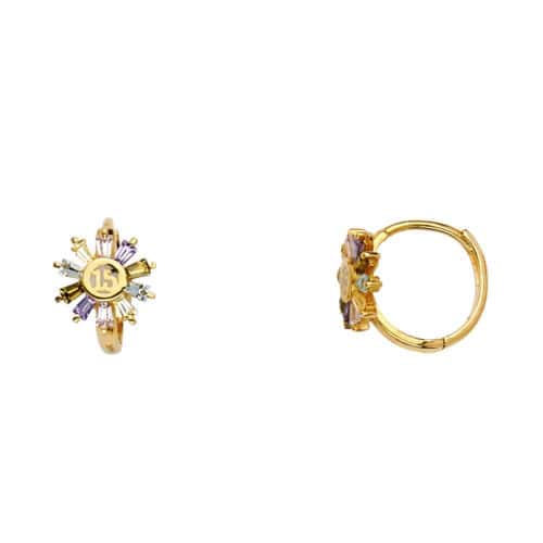 14K Yellow Gold Cubic Zirconia 15 Anos Flower Hoop Earrings