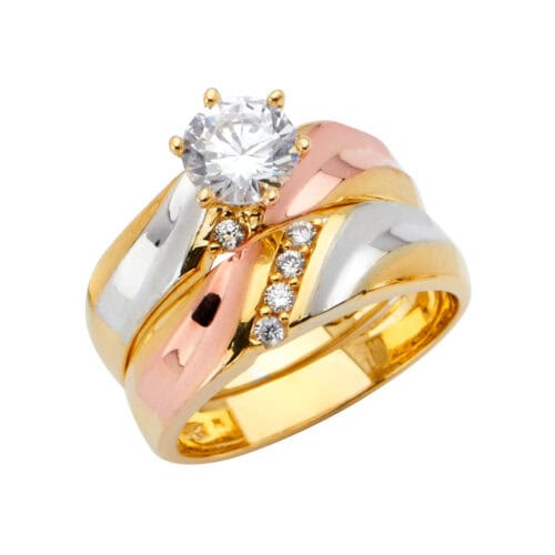 14K Tri Color Gold  Cubic Zirconia Engagement Ring and Ladies Wedding Band Set