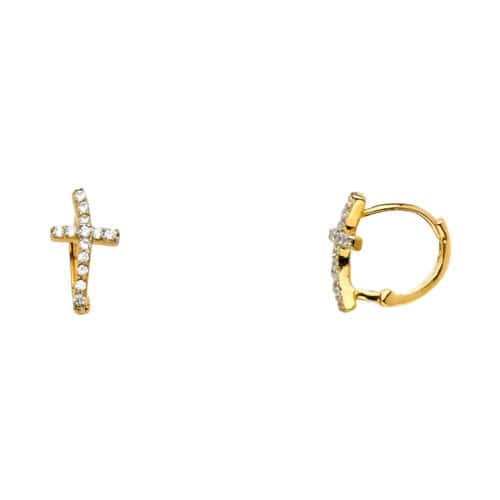 14K Yellow Gold Curved Cubic Zirconia Cross Huggies Earrings