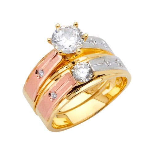 14K Tri Color Gold  Cubic Zirconia Engagement Ring and Ladies Wedding Band Set