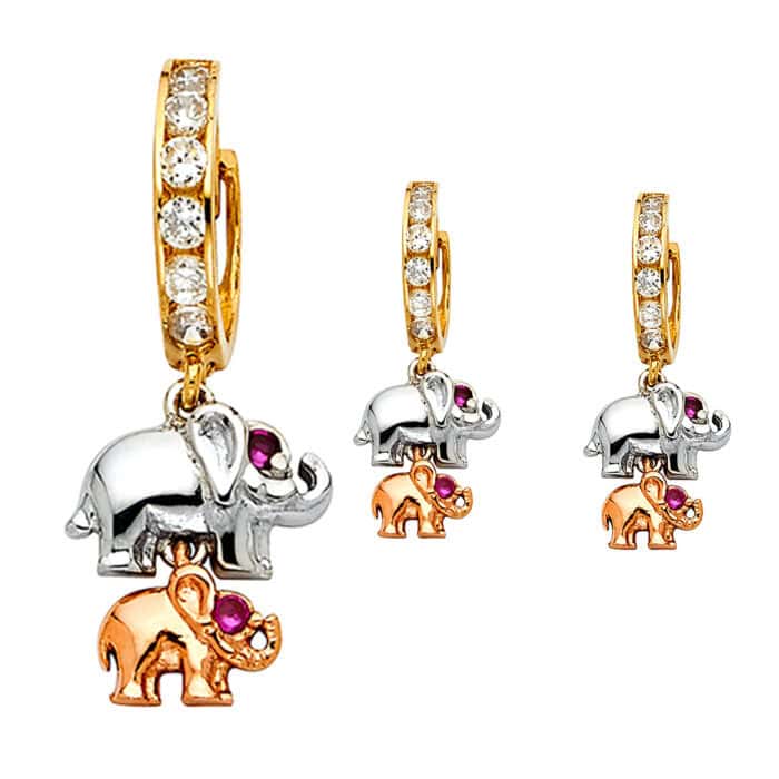 14K Tri Color Gold Cubic Zirconia Hanging Huggies Earrings - Image 2