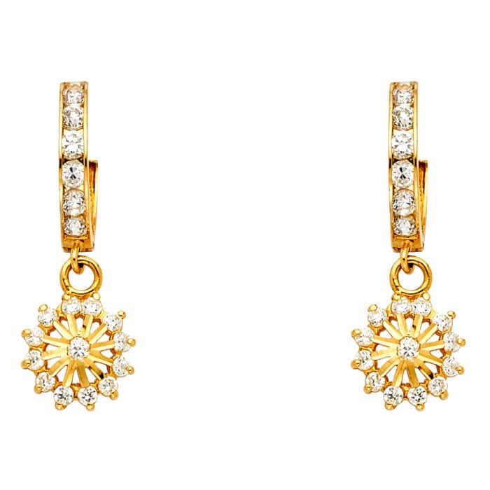 14K Yellow Gold Cubic Zirconia Hanging Huggies Earrings