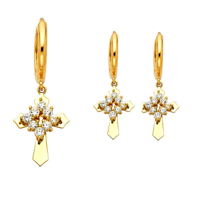 14K Yellow Gold Cubic Zirconia Hanging Huggies Earrings - Image 2