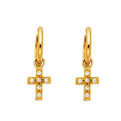 14K Yellow Gold Cubic Zirconia Hanging Huggies Earrings
