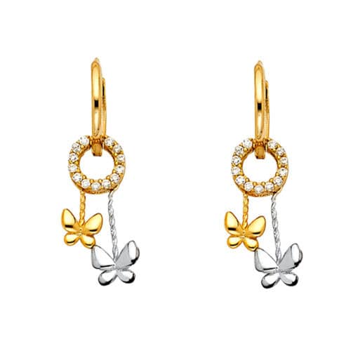 14K Two Tone Gold Cubic Zirconia Hanging Huggies Earrings