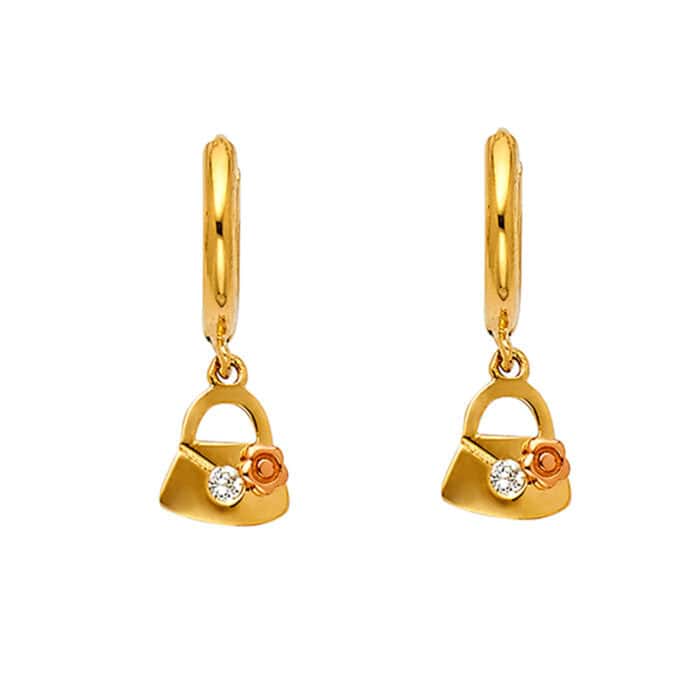 14K Yellow Gold Cubic Zirconia Hanging Huggies Earrings