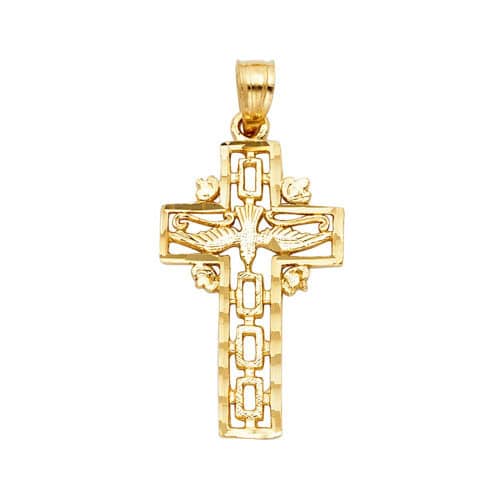 14K Yellow Gold Religious Cross with Holy Spirit Dove Pendant