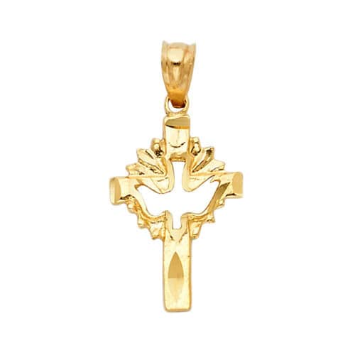 14K Yellow Gold Religious Cross with Holy Spirit Dove Pendant