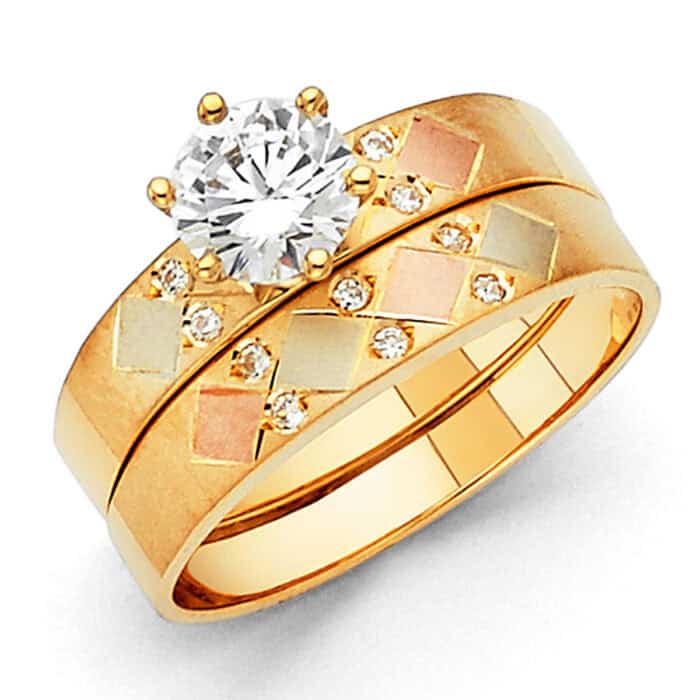 14K Tri Color Gold Cubic Zirconia Engagement Ring and Ladies Wedding Band Set