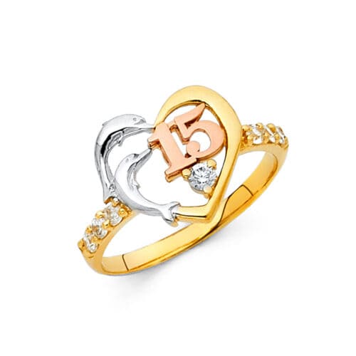 14K Tri Color Gold Cubic Zirconia 15 Years Ring