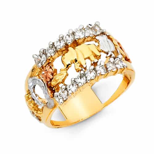 14K Tri Color Gold Cubic Zirconia Lucky Ring