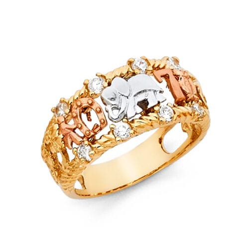 14K Tri Color Gold Cubic Zirconia Lucky Ring