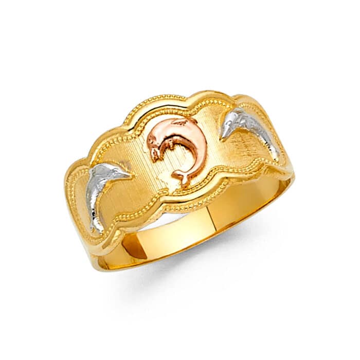 14K Tri Color Gold Fancy Dolphin Ring