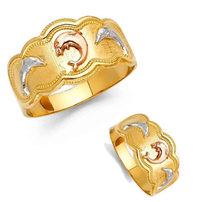 14K Tri Color Gold Fancy Dolphin Ring - Image 3