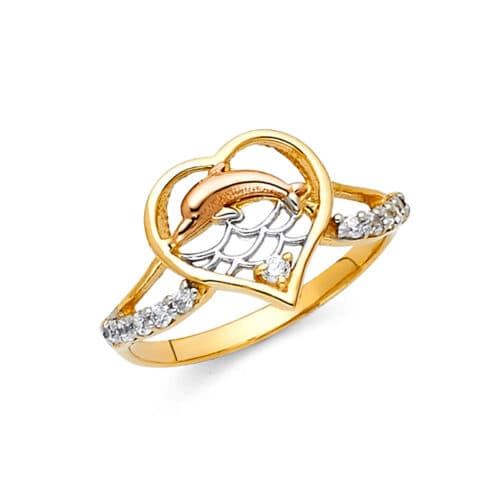 14K Tri Color Gold Fancy Dolphin Ring