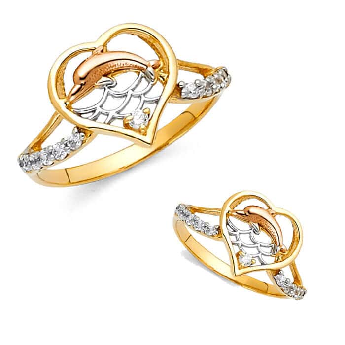 14K Tri Color Gold Fancy Dolphin Ring - Image 3