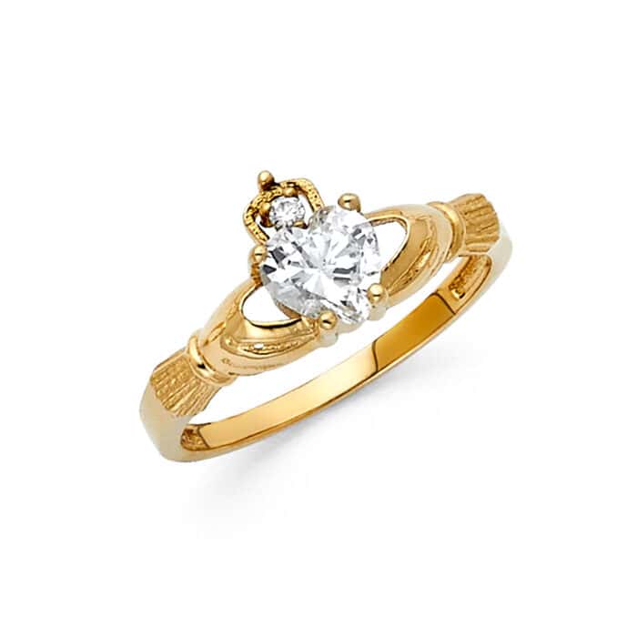 14K Yellow Gold Cubic Zirconia Claddagh Ring