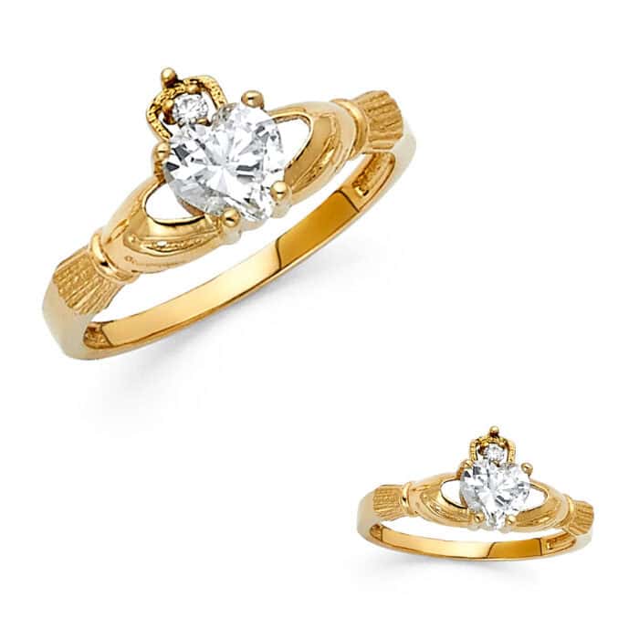 14K Yellow Gold Cubic Zirconia Claddagh Ring - Image 3