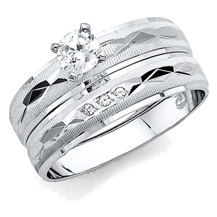14K White Gold Cubic Zirconia Engagement Ring and Ladies Wedding Band Set