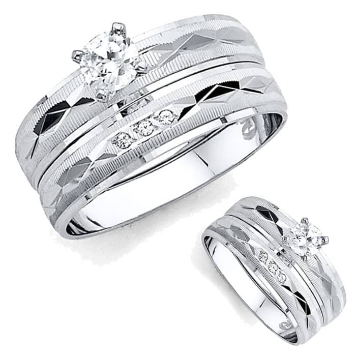 14K White Gold Cubic Zirconia Engagement Ring and Ladies Wedding Band Set - Image 3