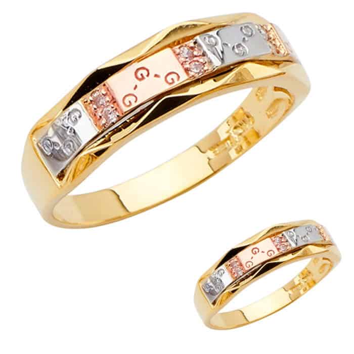 14K Tri Color Gold Cubic Zirconia Men's Wedding Band - Image 3