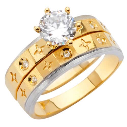 14K Gold Two Tone Cubic Zirconia Engagement Ring and Ladies Wedding Band set