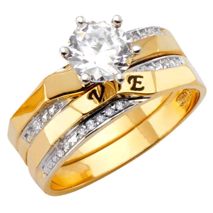 14K Two Tone Gold  Cubic Zirconia Engagement Ring and Ladies Wedding Band Set