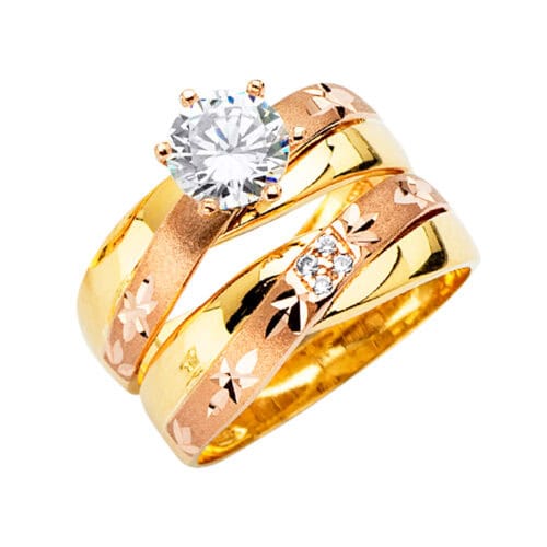 14K Tri Color Gold Cubic Zirconia Engagement Ring and Ladies Wedding Band Set