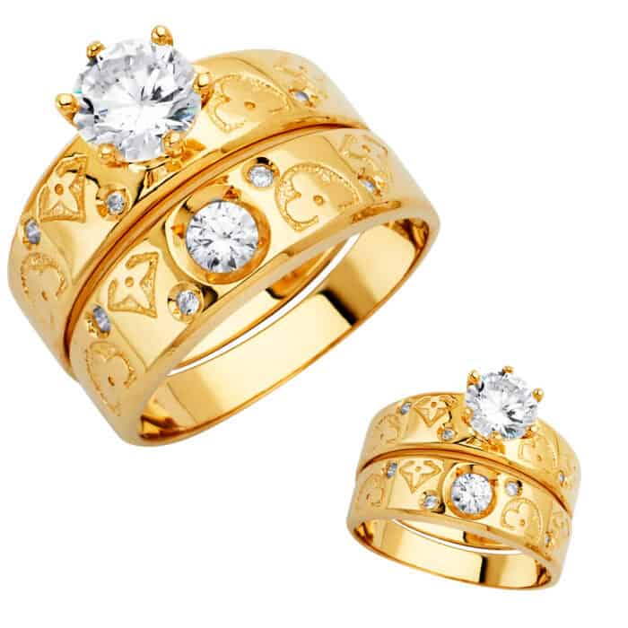 14K Yellow Gold Cubic Zirconia Engagement Ring and Wedding Band Set - Image 3