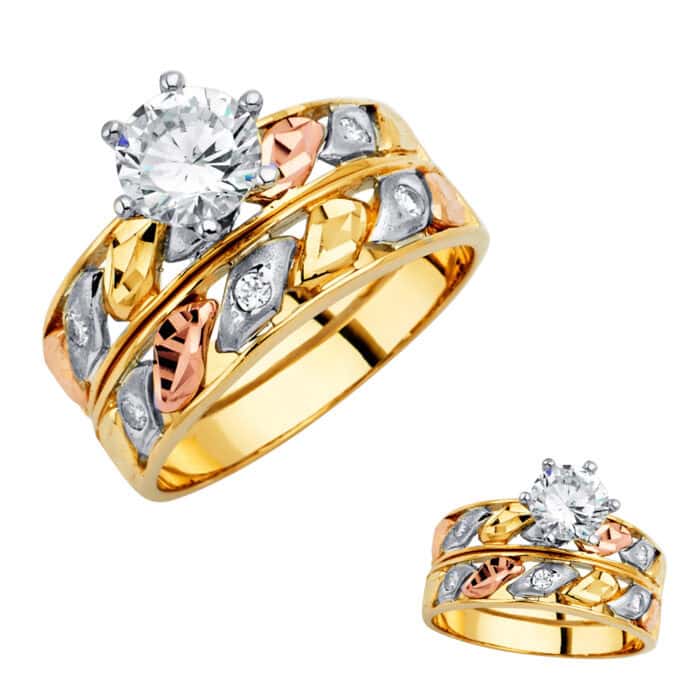14K Tri Color Gold Cubic Zirconia Engagement Ring and Wedding Band Set - Image 3