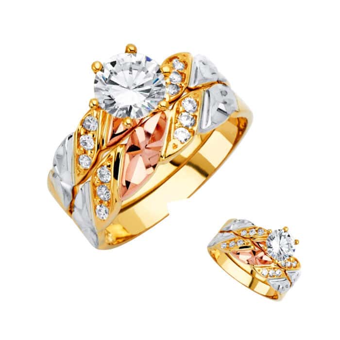 14K Tri Color Gold Cubic Zirconia Engagement Ring and Wedding Band Set - Image 3
