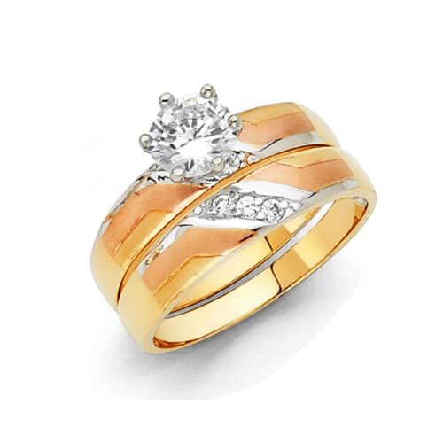 14K Tri Color Gold Cubic Zirconia Engagement Ring and Ladies Wedding Band Set