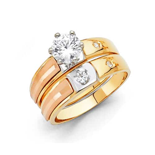 14K Tri Color Gold Cubic Zirconia Engagement Ring and Ladies Wedding Band Set