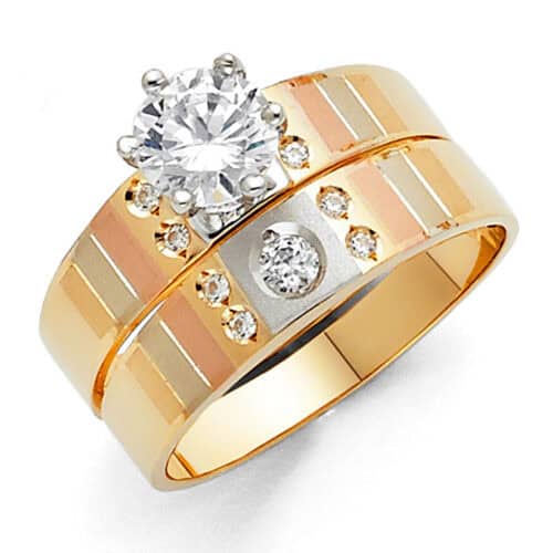 14K Tri Color Gold Cubic Zirconia Engagement Ring and Ladies Wedding Band Set