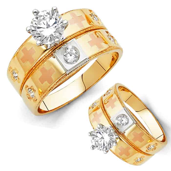 14K Tri Color Gold Cubic Zirconia Engagement Ring and Ladies Wedding Band Set - Image 3