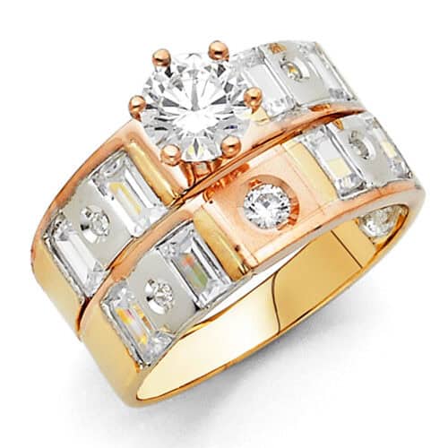 14K Tri Color Gold Cubic Zirconia Engagement Ring and Ladies Wedding Band Set
