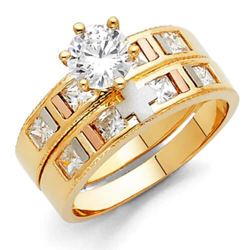 14K Tri Color Gold Cubic Zirconia Engagement Ring and Ladies Wedding Band Set