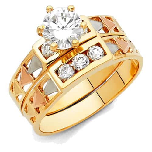 14K Tri Color Gold Cubic Zirconia Engagement Ring and Ladies Wedding Band Set