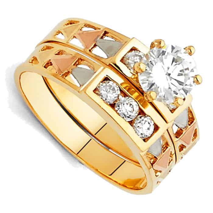 14K Tri Color Gold Cubic Zirconia Engagement Ring and Ladies Wedding Band Set - Image 2