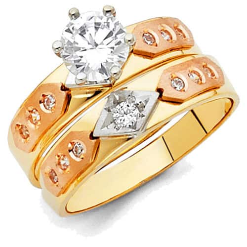 14K Tri Color Gold Cubic Zirconia Engagement Ring and Ladies Wedding Band Set