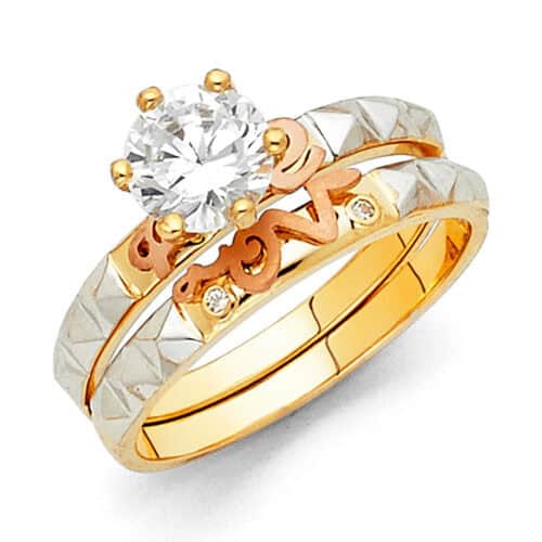 14K Tri Color Gold Cubic Zirconia Engagement Ring and Ladies Wedding Band Set